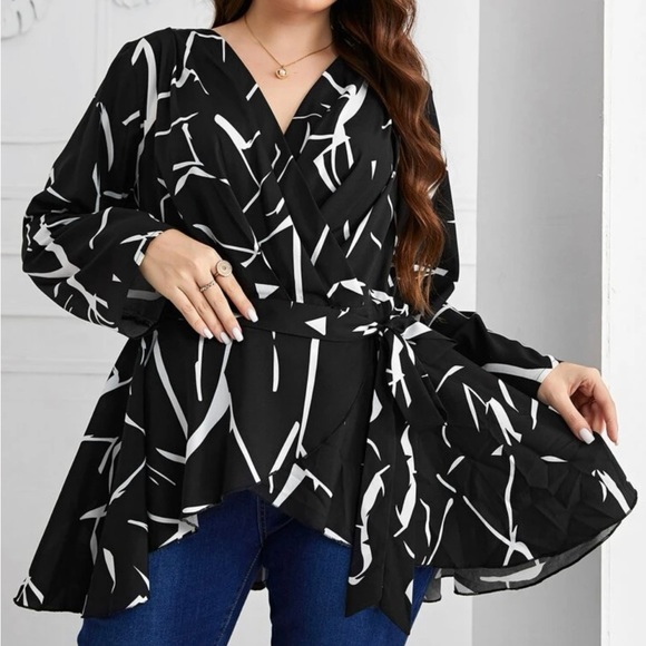 Passion of Essence Tops - SALE! Passionboutique Retro Plus Graphic Print Overlap Collar Belted Blouse